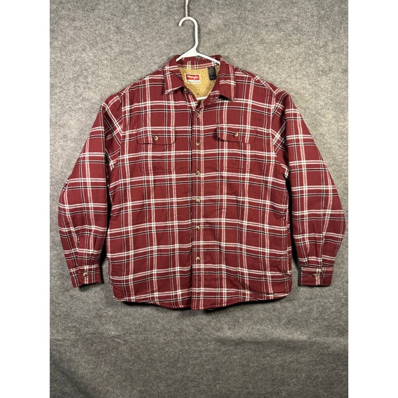 Wrangler Other - Wrangler Mens Flannel Shirt Jacket Sherpa Lined Plaid Button Up Maroon White